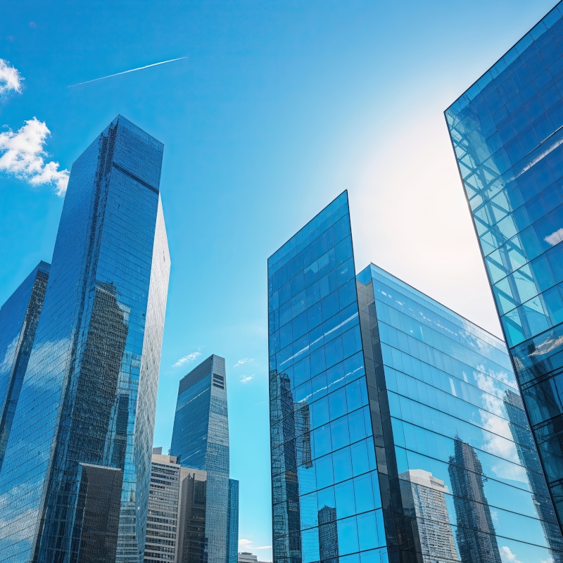 Moderne Hochhäuser mit Glasfassaden unter einem blauen Himmel.